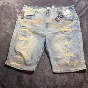 FWRD Denim‎ Mens Slim Fit Distressed Paint Splatter Jean Shorts Light Wash 50x14